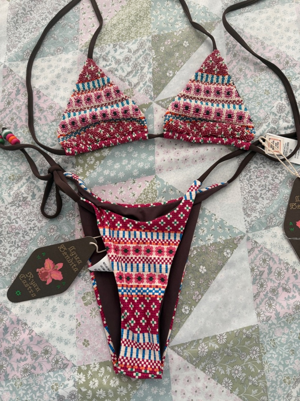 Beaded Tribal Print Bikini Set in Burgundy and Multi